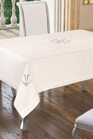 Cream Tulip Embroidered Tablecloth 161378 - Çeyiz Diyarı