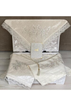 Cream Velvet Storage Prayer Rug Set 7 Piece French Laced Bundle Set 991000 - Dilek