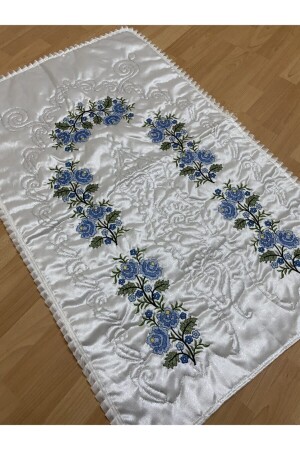 Cream*blue Dowry Canvas Embroidered Satin Prayer Rug - Ayhanhome