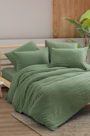 Crepe Combed Cotton Double Duvet Cover Set with Elastic Sheets Green 1561p - Cotton Box
