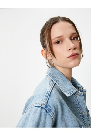 Crop Denim Jacket with Frayed Detail Pockets Comfortable Fit Cotton - Koton