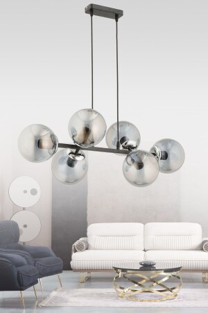 CROSS 6-PIECE CHROME - BLACK SMOKED GLOBE GLASS MODERN PENDANT LIGHT CHANDELIER FOR LIVING ROOM AND HALL - Avimonaydınlatma