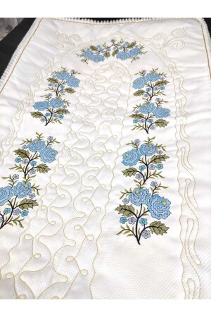 Cross Stitch Embroidered Etamine Fabric Single Prayer Rug - Blue - Çt Çeyizci Tekstil