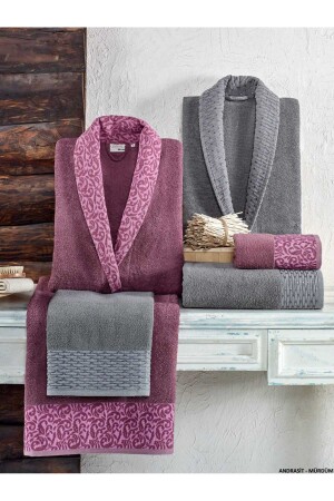 Crystal Embroidered 6 Piece Family Bathrobe Set Anthracite-Plum Crystal Soft Cotton Bathrobe Set - Taç