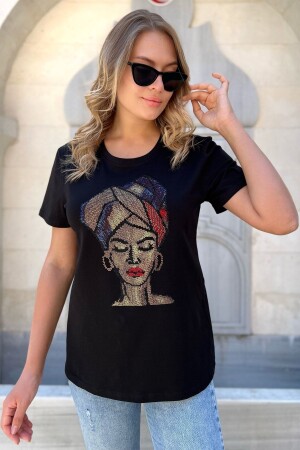 Crystal Taşlı %100 Pamuk Kısa Kol Bisiklet Yaka Büyük Beden Siyah Kadın T-shirt - Rich Glam
