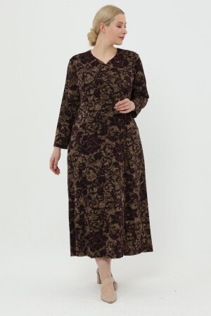 Cupped Patterned Comfortable Stylish Hijab Plus Size Mother's Dress - Plum - Likapa