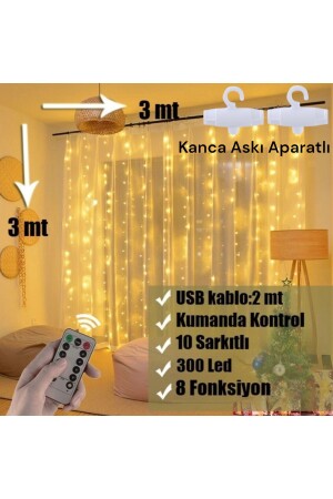 Curtain LED 3mx3m with Remote Control, 8 Functions, 300 LEDs, 10 Pendant Lamps, USB Port - İthalcim
