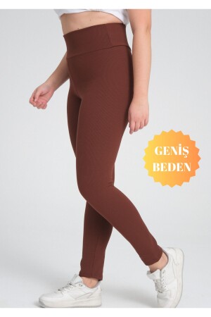 Curve Büyük Beden Fitilli Yüksek Bel Toparlayıcı Kahverengi Tayt - Banega