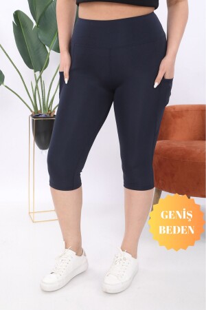Curve Damen-Capri-Strumpfhose, große Größe, Marineblau, hohe Taille, schmale Doppeltasche unterhalb des Knies - Banega