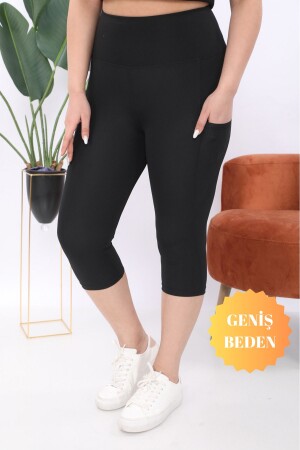 Curve Kadın Büyük Beden Siyah Yüksek Bel Toparlayıcı Çift Cepli Diz Altı Kapri Tayt Capri - Banega