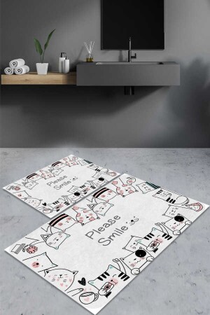 Cute Cat Written White Bath Mat Double Set DC-8018 DC-8018 - Decomia Home