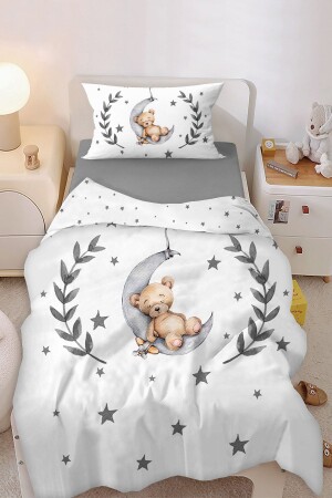 Cute Sleeping Bear Stars Single Duvet Cover Set KP08-N - Bebişim Halı
