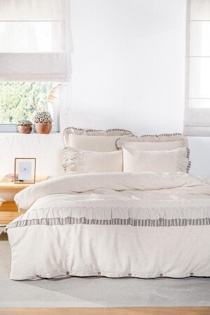 Dalya King Size Duvet Cover Set 100% Organic Cotton Linen Ruffled Anthracite 240x220 Cm NVRDLY220x240 - Ecocotton