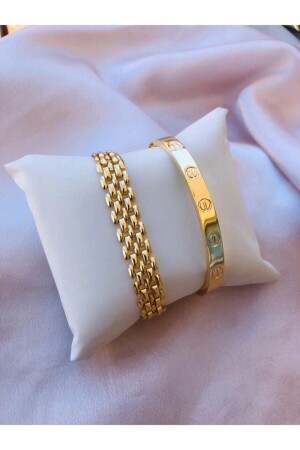 Damen-Armbandset mit goldfarben vergoldeter Uhr und seitlichem Kombinationsarmband - Bers Aksesuar