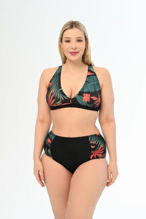 Damen-Bikini-Set mit schwarzem Blattmuster, Übergröße, hohe Taille, Schmetterling - Aquaviva