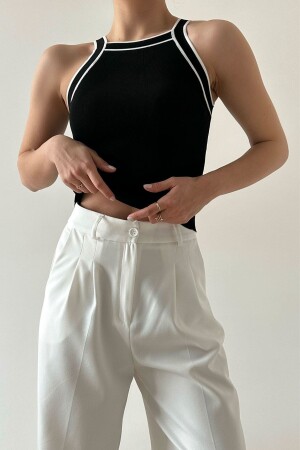 Damen-Bluse Ta390004 in Schwarz mit Neckholder und schmalem, weißem Streifen - LOOSH