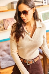 Damen-Camisole-Bluse mit Polokragen in Steinoptik BLZ-19002028 - Olalook