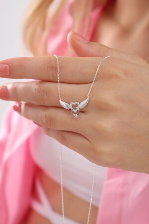Damen-Halskette aus 925er-Sterlingsilber, Engelsflügel-Herz, einzelner Stein - Bilsen Store