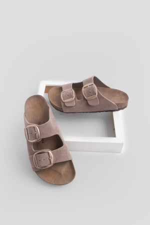 Damen-Hausschuhe aus echtem Leder, Hausschuhe mit doppeltem Riemen, Eva-Sohle, Poly-Nerz 321102701 - Marjin