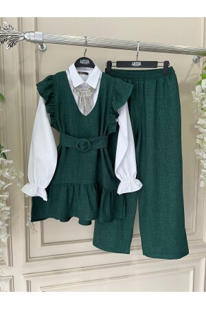 Damen-Hijab-Anzug aus Baumwolle mit Rüschen, 4-teilig, Kombination aus Hemd, Weste, Hose, Gürtel - Moda Periy