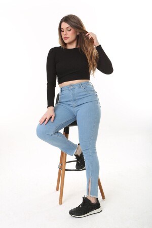Damen-Jeans in Blau mit hoher Taille und Schlitz, schmalem Bein und Lycra, große Größe, 65N37606 - Şans