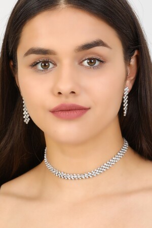 Damen-Kreuz-Modell, Cz-Silber, Diamant, Waterway-Halskette, Ohrringe, Abendkleid, Hochzeit, Verlobung, Henna-Versprechen, Brautschmuck-Set FR212, Edelstein-Kristall-Schmuckset für den Abschlussball - Furtek Aksesuar