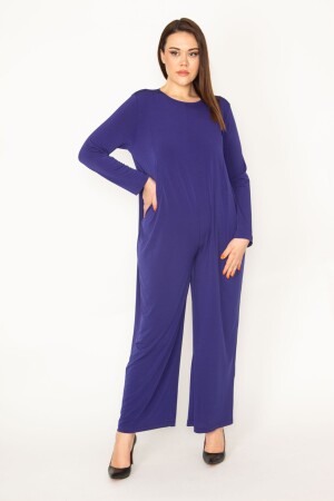 Damen-Overall in großer Größe, violetter Rücken, versteckter Reißverschluss, weites Bein, 65n32512 - Şans