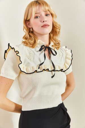 Damen-Strickpullover mit kurzen Ärmeln und Schleifendetail 20235079 - Bianco Lucci