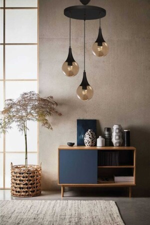 Damla 3-Piece Pendant Lamp Model Chandelier - Honey Glass Round - Black Modern - Kitchen - Living Room D3 - VEDA AVİZE