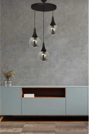 Damla 3-Piece Pendant Lamp Smoked Glass Round- Black Modern- Kitchen- Living Room Chandelier DM1 - VEDA AVİZE