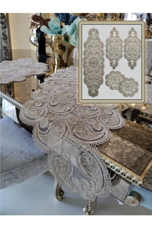 Damla 5 Piece Luxury Runner Living Room Coffee Table Tablecloth Set French Laced Dowry Set Cappuccino - Neubella Home