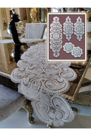 Damla 5 Piece Luxury Runner Living Room Coffee Table Tablecloth Set French Laced Dowry Set Cream - Neubella Home