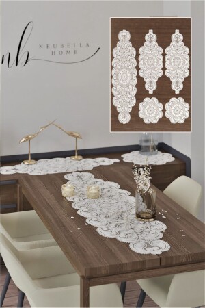 Damla 5 Piece Luxury Runner Living Room Coffee Table Tablecloth Set French Laced Dowry Set Ecru - Neubella Home