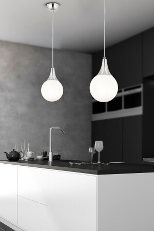 Damla Single Chrome White Glass 2-Piece Modern Pendant Lamp Kitchen Living Room Chandelier Set 3062-1750-1DCH-02 - Apliqa