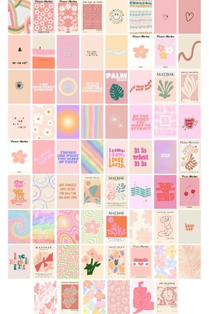 Danish Pastel Poster Seti - Arkası Yapışkanlı Pembe Poster Seti - 70 Adet Poster Kolaj Seti - 1m*1m - Postifull