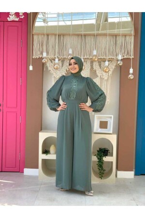 Dantel İşleme Detay Kol Manşetleri Lastikli Şifon Tulum 3730 Mint - Bym Fashion