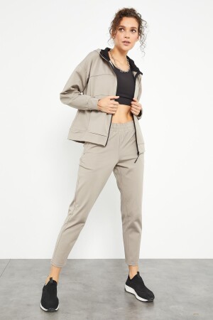 Dark Beige Women's Hooded Standard Fit Tracksuit Set with Hidden Pocket Detail - 95306 - Tommy Life