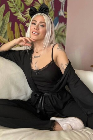 Dark Black Patterned Pegasus Pajama Set with Dressing Gown - Pijamaevi