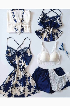 Dark Blue Silk Satin Boxed 6 Piece Dowry Set 6021 - Çeyize Dair Herşey