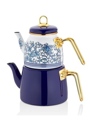 Dark Blue Tile Patterned Enamel Teapot Set, Dark Blue Enamel Teapot Set with Gold Handle dop14187380igo - PORLİSTAN