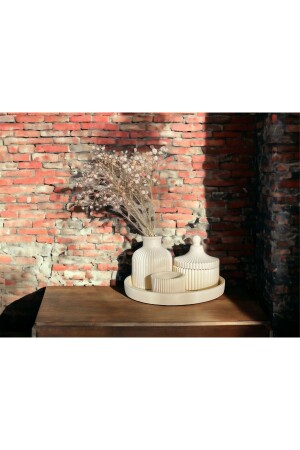 Decoration Set Including a Mini Cream Colored Vase, a Round Tray and a Stylish Box with a Lid, and a set of 4 cream and sugar bowls. - LİNECRAFT