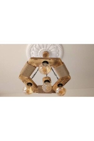 Decorative 4-Rope Hexagon Authentic Wooden Vintage Chandelier ALS11 - AHŞAP ATÖLYE