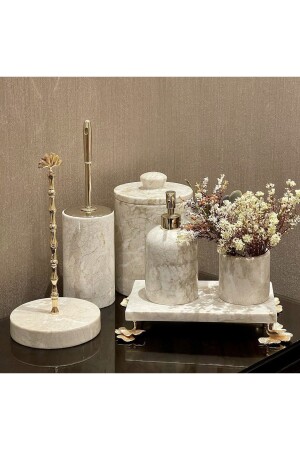 DECORATIVE BEIGE MARBLE GINKO ACCESSORY DETAILED 6-Piece BATHROOM SET SET BEIGEENIGNKOO6 - MIARIK DESIGN & DEKORASYON