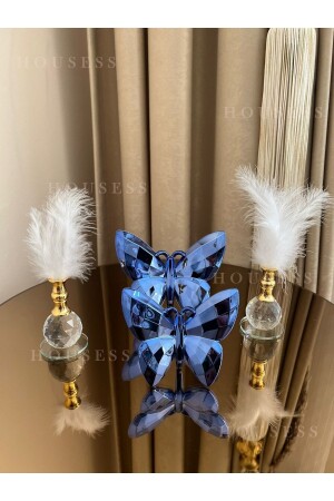 Decorative Blue Butterfly and 2 Gold Feather Holder Trinket Ornament HSS-TPSKLBKS13 - Housess