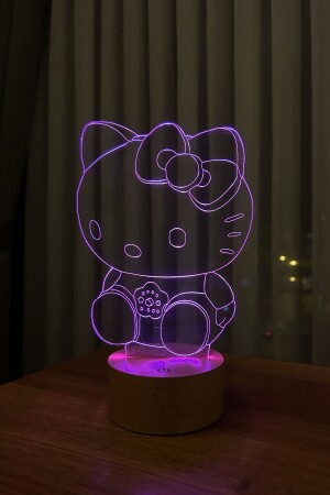 Decorative Gift Led Table Lamp with Hello Kitty Figure 7 Light Colors Wooden Base - By-Lamp