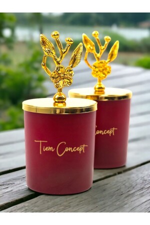 Decorative Gold Olive Branch Topped Amber Scented 2-Piece Claret Red Glass Candle Set 202193 - Tiem Concept