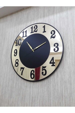 Decorative Gold Wall Clock Gold Yellow on Black MDF Mirrored Plexi with Turkish Numbers 50x50 Cm - Tuba Decor