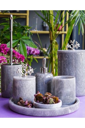 Decorative Gray Marble Silver Coral Detailed 7-Piece Bathroom Set GRIMERCANGUMUSMERMERBANYO7LI - MIARIK DESIGN & DEKORASYON