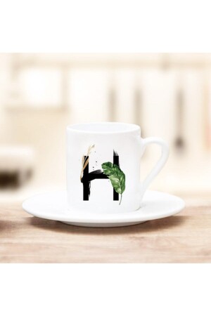 Decorative Leaf Design Coffee Cup with Letter H Written AZ-1509 - Ayzi Tasarım