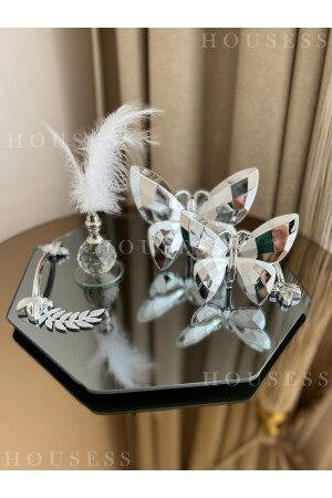 Decorative Mirrored Leaf Detailed Tray and 2-Piece Silver Butterfly Single Silver Feather Holder HSS-YPRK02 - Housess